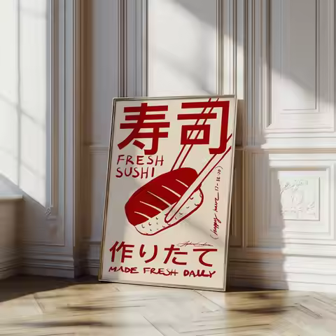 Japandi Sushi Poster, Japanese Wall Art, Kitchen Decor, Retro Wall Art, Asian Food Illustration, Tre