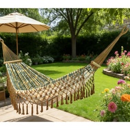 Canvas Hammock Buai Khemah | Fringed with Wooden Bar | Portable Outdoor Camping Garden