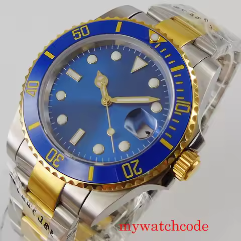 Nologo Two Tone Gold Blue Automatci Watch Men NH35A PT5000 MIYOTA 100M WATERPROOF Sunburst Blue Dial