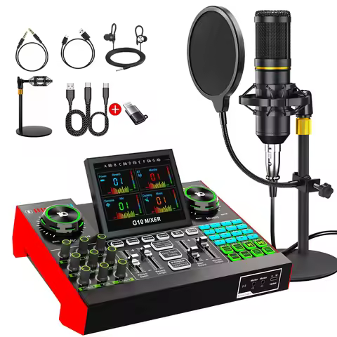 Tenlamp G10 BM800 Podcast Microphone Bundle Live Sound Card Audio Mixer, 5 Channel 48V Phantom Power