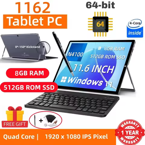 8GB RAM 512GB SSD ROM 11.6" Windows 11 Tablet PC 64bit Intel Celeron Processor N4100 1920 x 1080 Pix