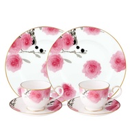 Noritake｜紅纓花瓣金邊骨瓷下午茶組合6件雙人組-咖啡對杯、展示盤