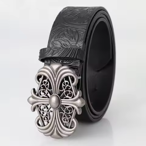 Retro Men's Belt Bohemian Style-Chic Black PU Leather Belt Fashion Vintage Hollow Buckle Belt Punk R