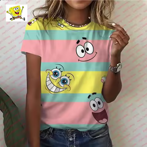 SpongeBob cartoon T-shirt 2024 new summer fashionable cute cartoon T-shirt comfortable casual ladies