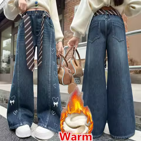 Stylish Children Winter Thick Jeans with Hearts for Girls Wide Leg Insulated Denim Pants Kids Therma