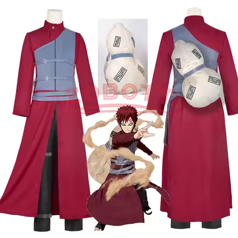 6PCS Sandstorm Gaara Cosplay Costume Bag Adult Men Long Coat Rose Uniform Gourd Full Set Accessory S