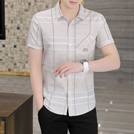2025 Men's Short-Sleeved Shirt Plaid Pocket Square Collar Wrinkle-Resistant Shirt Korean Version Sli