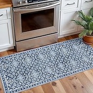 SILOLOOM Vintage Washable 2x5 Rug Runner, Dusty Blue White Runners for hallways, Super Soft Kitchen 
