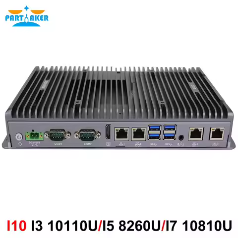 Partaker Fanless Mini PC Industrial Compter IPC Intel Core I3 10110U I5 8260U I7 10810U with 4 LAN T