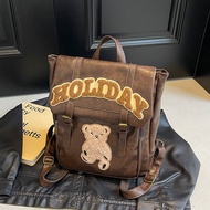 HT School bag Bear Backpack PU Leather Backpack y2k Korean bag