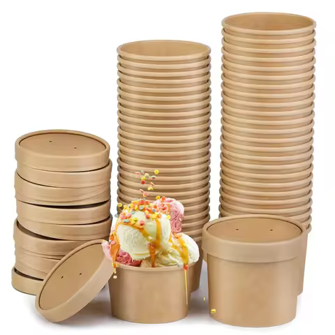 10pcs 8/12oz Soup Cups Paper Containers Kraft Food Disposable Go To Bowls Ice Cream Cup Lids Kitchen