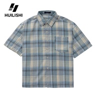 HUILISHI Box Fit Polo for Men Crop Top Cotton Plaid striped Korean style short-sleeved shirt