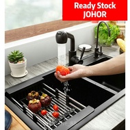 304 Stainless Steel Retraceable Drain Basket Sink Rack Kitchen Drain Basket / Kitchen Sink Basket Drain Rack (Black)