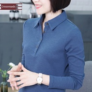 baju perempuan style baju t shirt perempuan Kolar kemeja pertengahan umur kapas slub atas longgar le