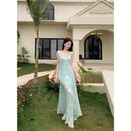 Jojoparty Narrow Waist Gauze Stitching Jacquard Sling A-Line Skirt Dress - Green