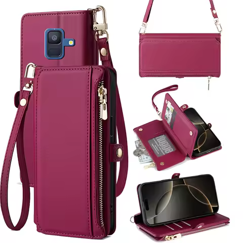 Leather Flip Case For Samsung Galaxy J5 J7 J3 J7 2017 J2 J4 J6 J8 2018 J4 Plus Lanyard Wallet Card P