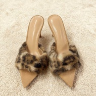 Cod Apricot Furry Flip-Flops Elegant Stiletto Furry Slippers High Heels Outer Wear Leopard Print Fur