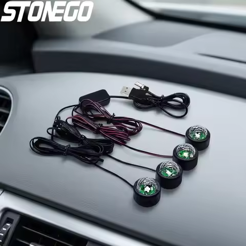 USB Car LED Voice Activated 7 Color Projection Ambient Light Four Car Foot Full of Stars Atmosphere 