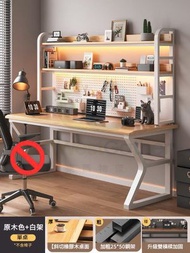 東西物聚 - 包送貨-電腦檯 110x60x165cm 原木色+白架+書架 [25mm橡膠木] 電競桌 洞洞板書桌 辦公枱學習桌 寫字桌長枱 小戶型出租屋
