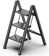 Foldable Step Ladder 3 Stepping Stool-Aluminium Kitchen Step Stools, Folding 330lbs Lightweight Ladders with Anti-Slip Wide Pedal, Portable Kids/Adults Ladder for Library, Closet, Black