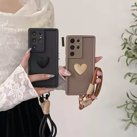 3D Love Heart Hand Strap Phone Case For Samsung Galaxy S26 Ultra S25 FE 5G S24 S23 S22 Ultra Plus A5