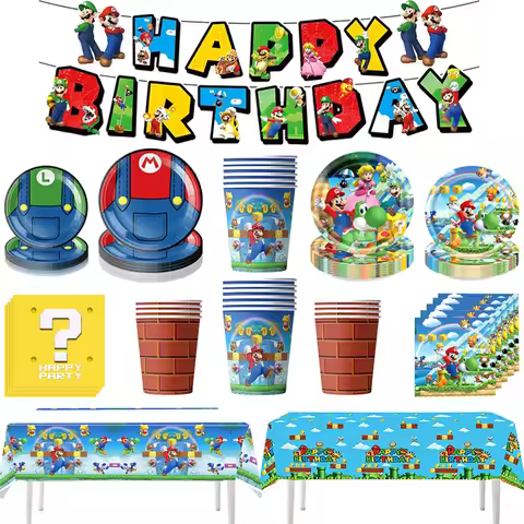 Anime Mario Luigi Disposable Tableware Birthday Party Decoration, Super Mario Bros Tableware Tablecl