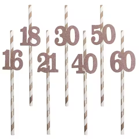 10Pcs Rosegold 18 21 30 40 50 60 Year Old Straws Adult Happy Birthday Party Decoration Women Men 30t