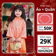 Set áo dài mẹ và bé  áo dài gấm cách tân họa tiết hoa cúc màu cam kèm quần lụa mềm mịn - A005