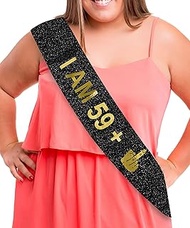 JPACO Funny 60th Birthday Sash 59 + 1" β Black Glitter Gold Foil Gag Gift β Large 72" x 4" Novelty P