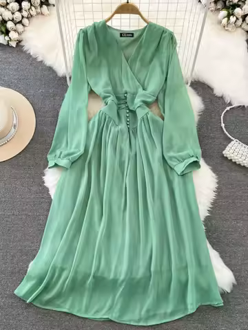 Spring Autumn Tea Break Bubble Sve V Ne Slimming a Line Chiffon Dr High Waist Midi Skirt Sle Pure Co