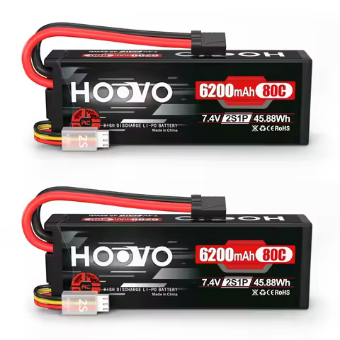 HOOVO 2Pcs 2S RC Battery 7.4V 80C 6200mAh Hard Case Lipo Battery with Tracxas Plug for RC Truck Trug