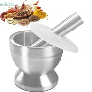 NICKOLAS Spice Grinder, Double Stainless Steel Durable Mortar and Pestle, Heavy Duty Garlic Press Bowl Plastic Rustproof Pill Crusher Pedestal Bowl
