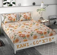 KAWI Cotton Feel 200TC Double Bedsheet Queen Size 78x60 Inches with Elastic Fitting with 2 Pillow Co