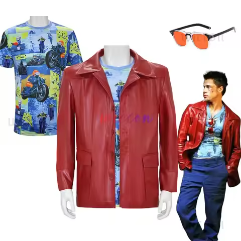 Fight Club Tyler Jacket Cosplay Costume Movie Durden Leather Coat with Shirt Glasses Halloween Carni