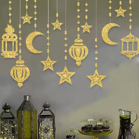 EID Mubarak Swirl Banner Star Moon Ceiling Hanging Ornament Ramadan Kareem Decoration for Home 2024 