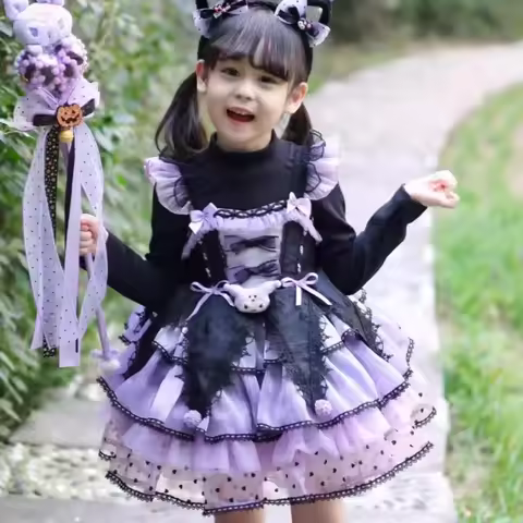 New Hot Kawaii Autumn New Girl Kuromi Lolita Sling Dress Halloween Cos Children'S Fluffy Princess Dr