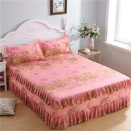 [Bed Skirt + 2 Pillowcases] Three-piece Seat Cover Mattress Protector Korean Style Sheet Bed Cover Non-slip Mattress