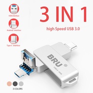 BRU 3 In 1 Otg แฟลช3.0สำหรับ iPhone 15 Pro Max Type C แอนดรอยด์แท่ง Usb ไดร์ฟปากกาความเร็วสูง64Gb 12