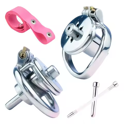 FRRK Male Metal Chastity Lock Flat Round Hole Version With Elastic Restraint Belt Urethral Catheter 
