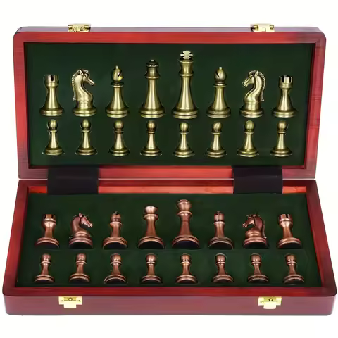 Large Metal Deluxe Chess Retro Copper Plated Alloy Chess Adult Set Board Game Portable Wooden Box St