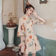 Recommended by the Manager Inverted Sleeve Cheongsam/Improved Cheongsam/Dress/Girl a-Line Skirt/Cheongsam Dress/Chinese Style Three-Quarter Sleeve Short Cheongsam