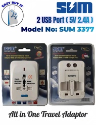 SUM ALL IN ONE TRAVEL ADAPTOR 5V WITH 2x USB-A PORTS 2.4A (SUM-3377)