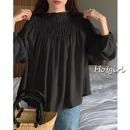 【READY STOCK AT Johor】 Hotgirl⭐French sweet round neck pleated design loose casual versatile puff sl