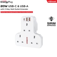 MYMOSH ENERGYPLUG 6 IN 1 SIRIM APPROVED 3-WAY WALL OUTLET EXTENDER 20W USB-C & USB-A PD/QC FAST CHAR