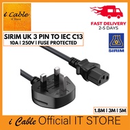 SIRIM UK 3 Pin Plug to IEC C13 Power Cable 1.8M 3M 5M BS1363 Fused for PC Monitor Printer PSU UPS