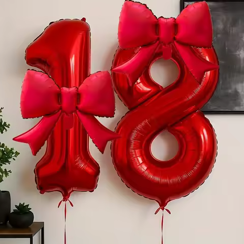 2Pcs 32in Red Number Digital Balloon With Red Bow Aluminum Foil Balloons Set for Birthday Party Anni
