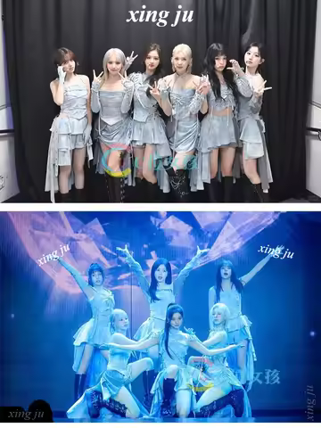 Kpop Korean Singer Concert Show Costumes Women Group Halter Tops Irregular Skirt Hollow Out Dress Ja