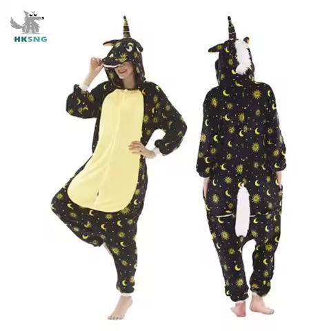 HKSNG Adult Kigurumi Moon Unicorn Costume Flannel Cartoon Pajamas Animal Halloween Party Jumpsuits P