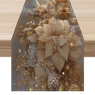 1pc, Linen Table Runner, Elegant Red Christmas Floral Table Runner With Golden Accents - Line, Recta