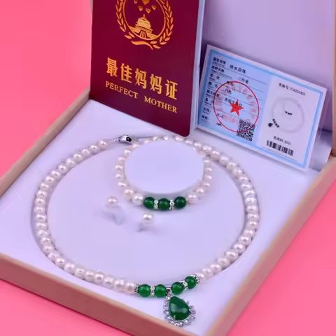 7-8 8-9mm Natural Freshwater Pearl Necklace Women's Green Chalcedony Pendant Short Mother's Day Gift